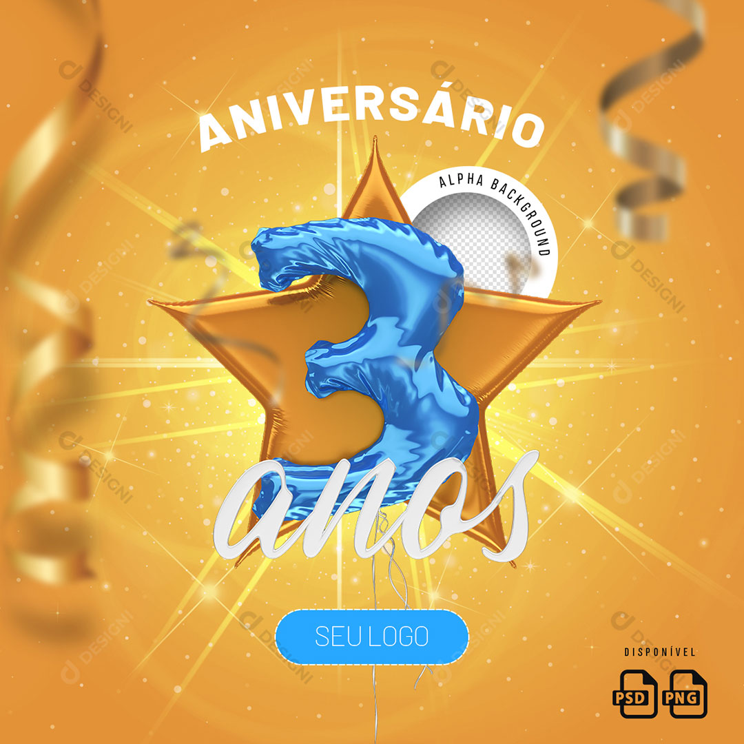Número 3 Anos Aniverário Elemento 3D Para Composição PSD + PNG Transparente