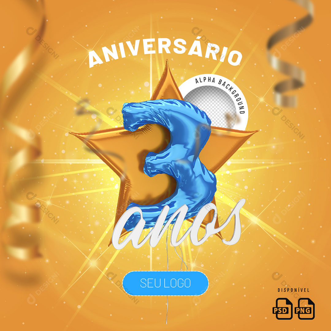 Número 3 Anos Aniversário Elemento 3D Para Composição PSD + PNG Transparente