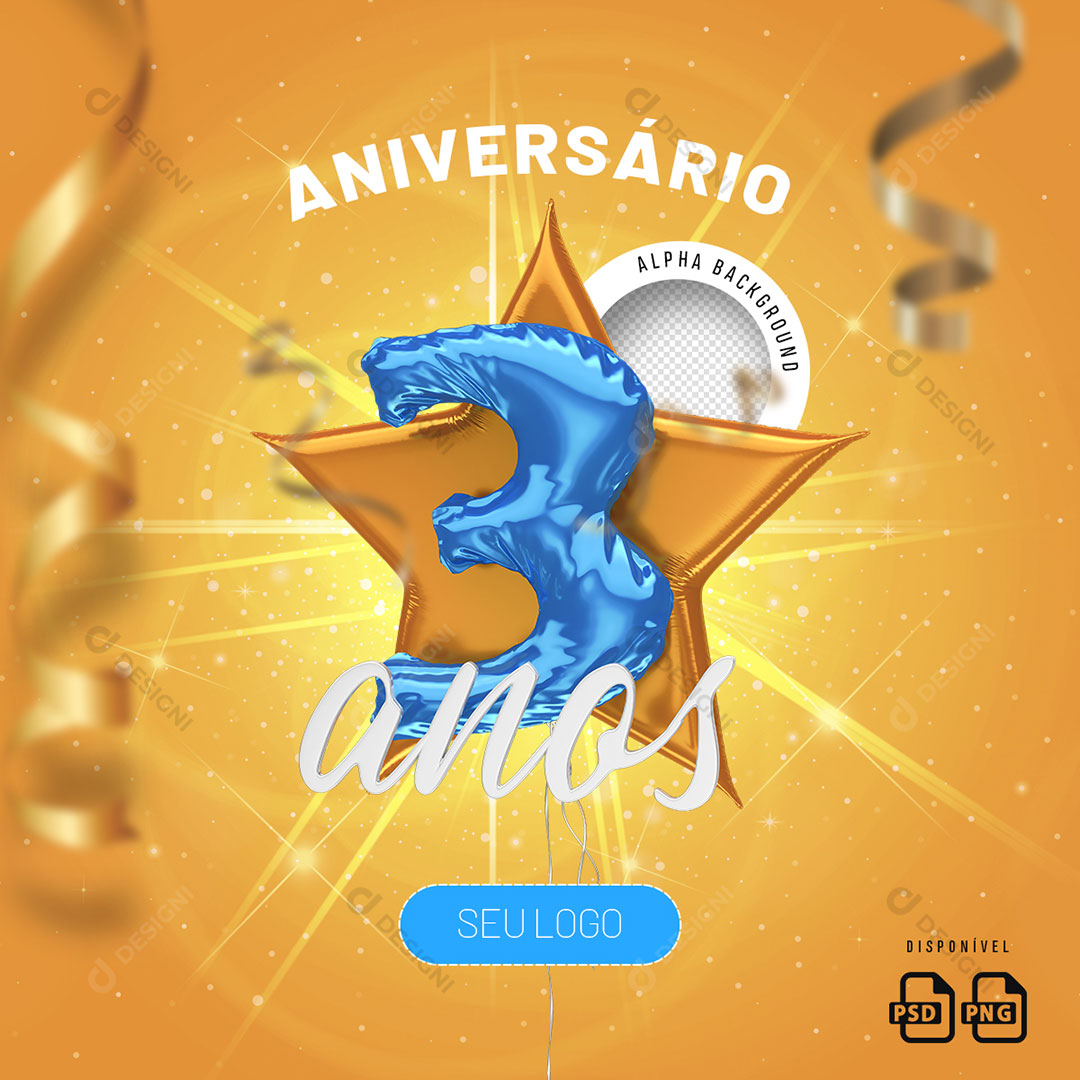 Número 3 Anos Aniversário Elemento 3D Para Composição PSD + PNG Transparente
