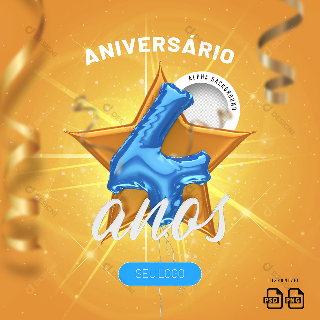 Número 4 Anos Aniverário Elemento 3D Para Composição PSD + PNG Transparente