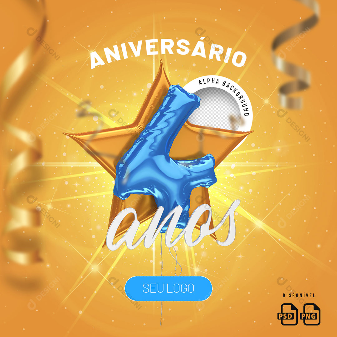 Número 4 Anos Aniversário Elemento 3D Para Composição PSD + PNG Transparente