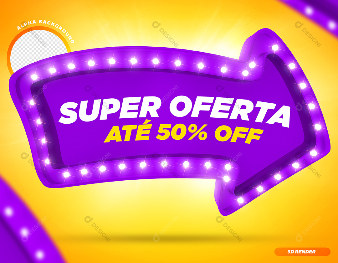 Selo 3D Seta Roxa Super Oferta Até 50% OFF PSD Texto Editável