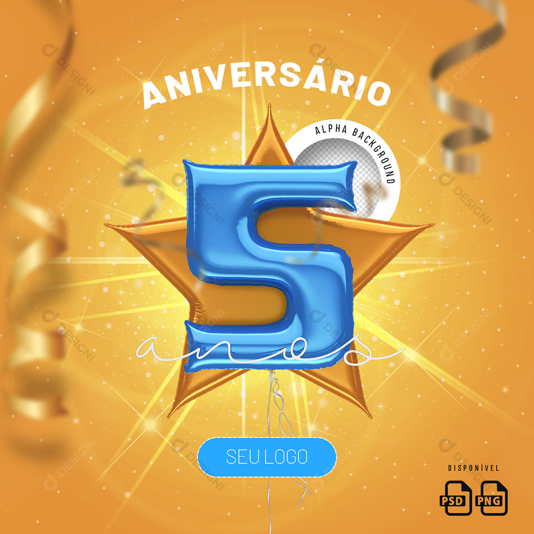 Número 5 Anos Aniversário Elemento 3D Para Composição PSD + PNG Transparente