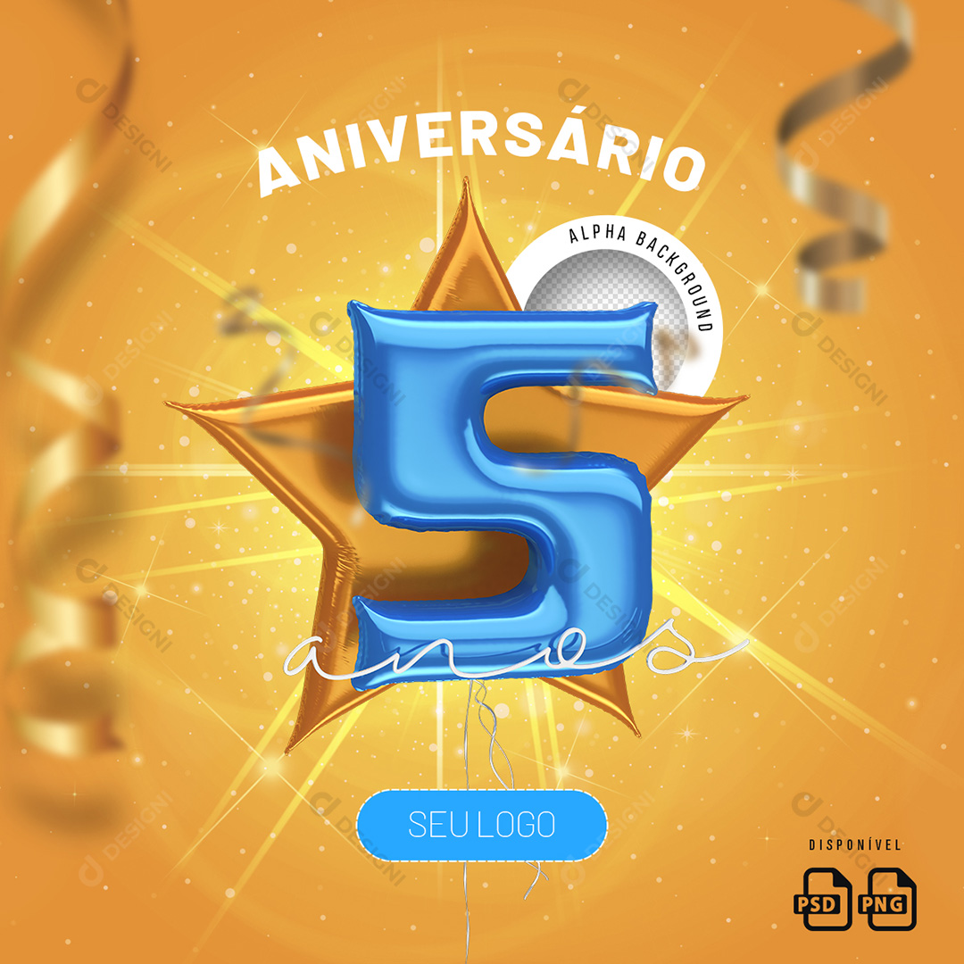 Número 5 Anos Aniversário Elemento 3D Para Composição PSD + PNG Transparente