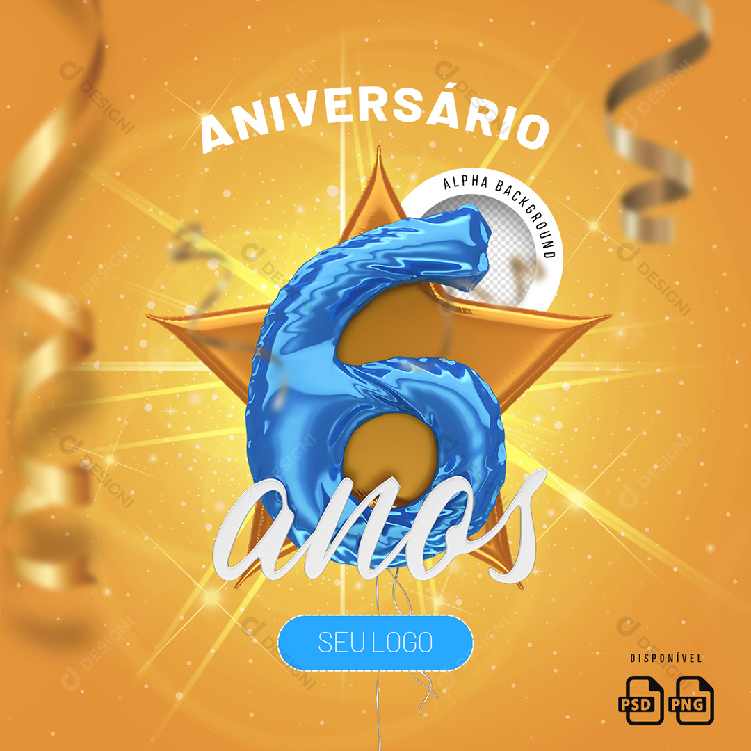 Número 6 Anos Aniversário Elemento 3D Para Composição PSD + PNG Transparente