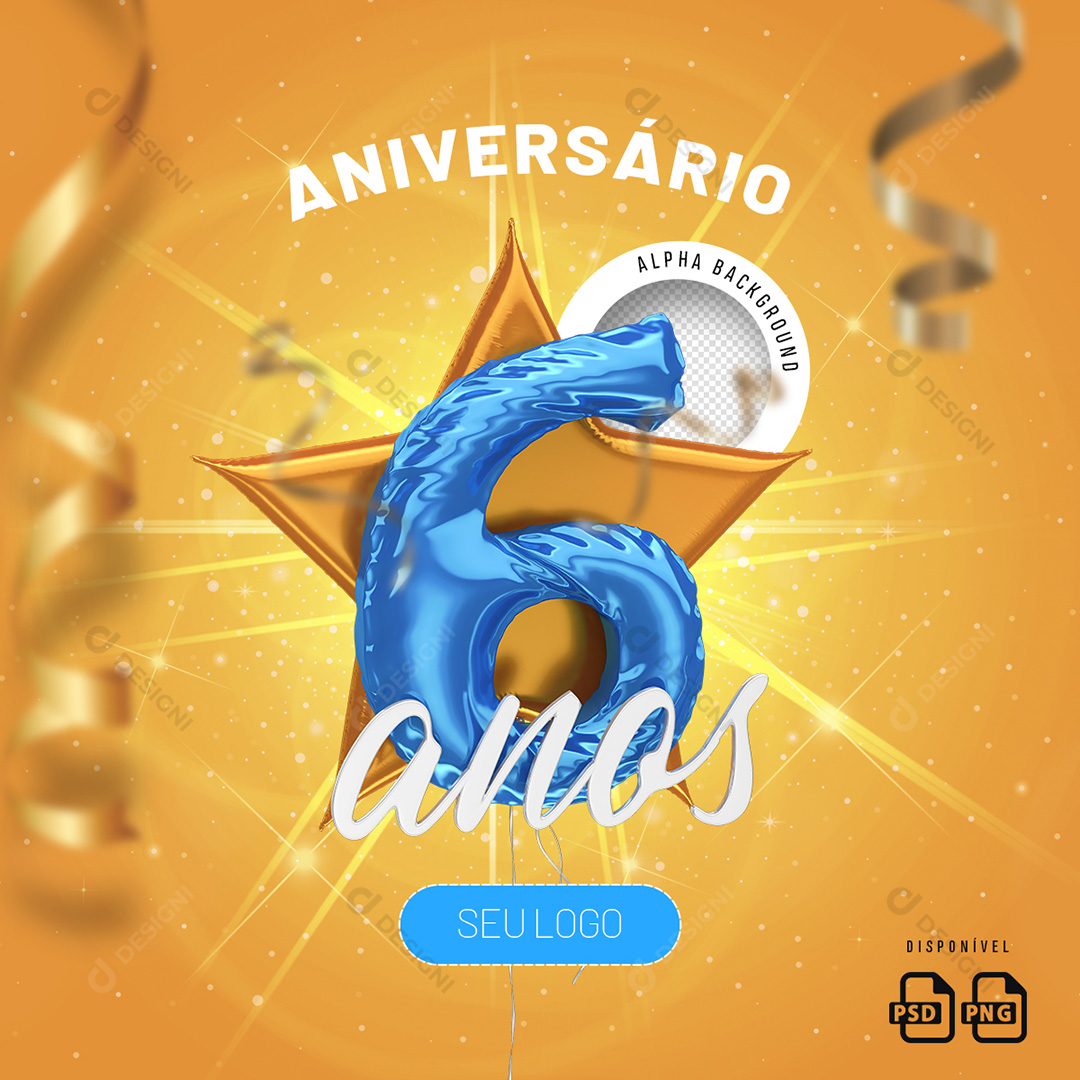 Número 6 Anos Aniversário Elemento 3D Para Composição PSD + PNG Transparente