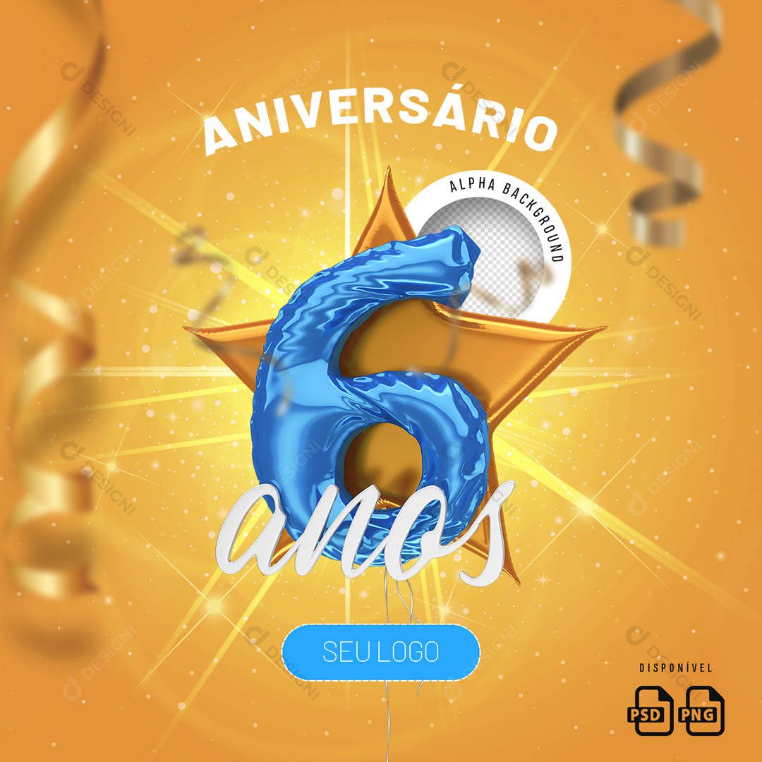 Número 6 Anos Aniversário Elemento 3D Para Composição PSD + PNG Transparente