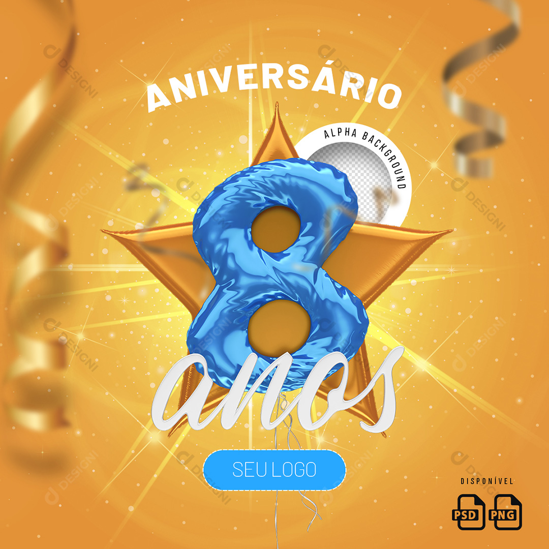 Número 8 Anos Aniversário Elemento 3D Para Composição PSD + PNG Transparente