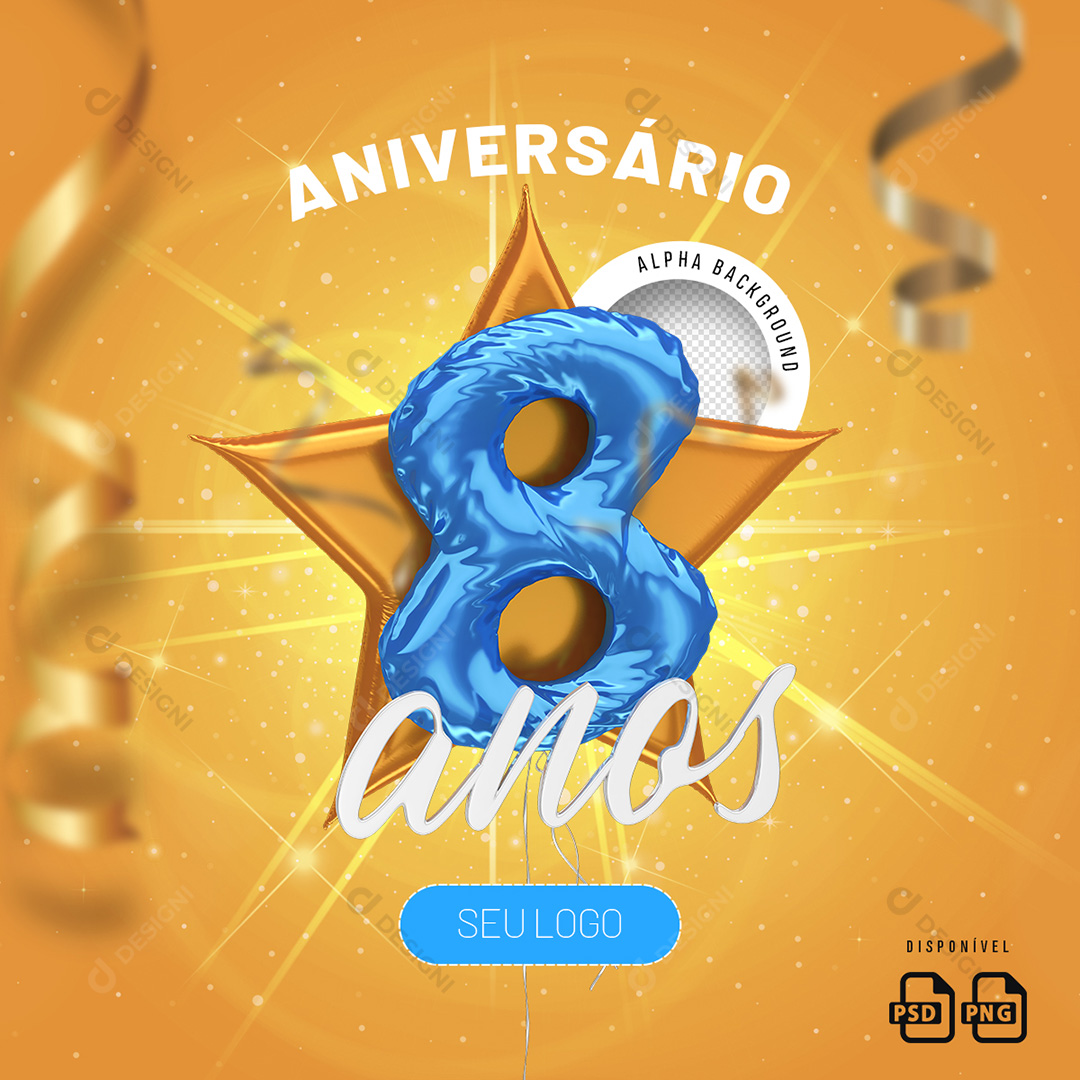 Número 8 Anos Aniversário Elemento 3D Para Composição PSD + PNG Transparente