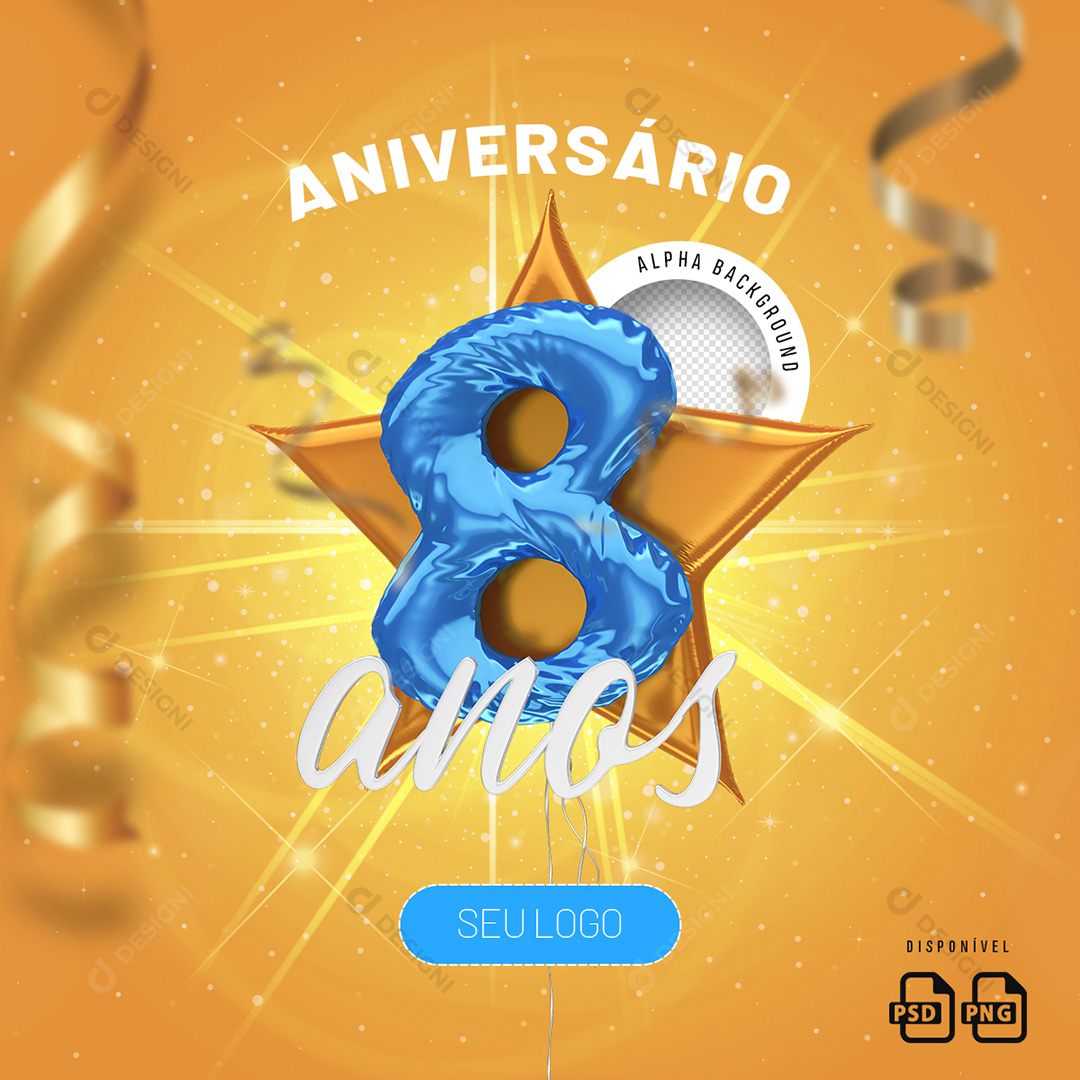 Número 8 Anos Aniversário Elemento 3D Para Composição PSD + PNG Transparente