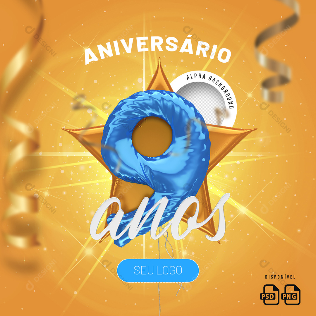 Número 9 Anos Aniversário Elemento 3D Para Composição PSD + PNG Transparente