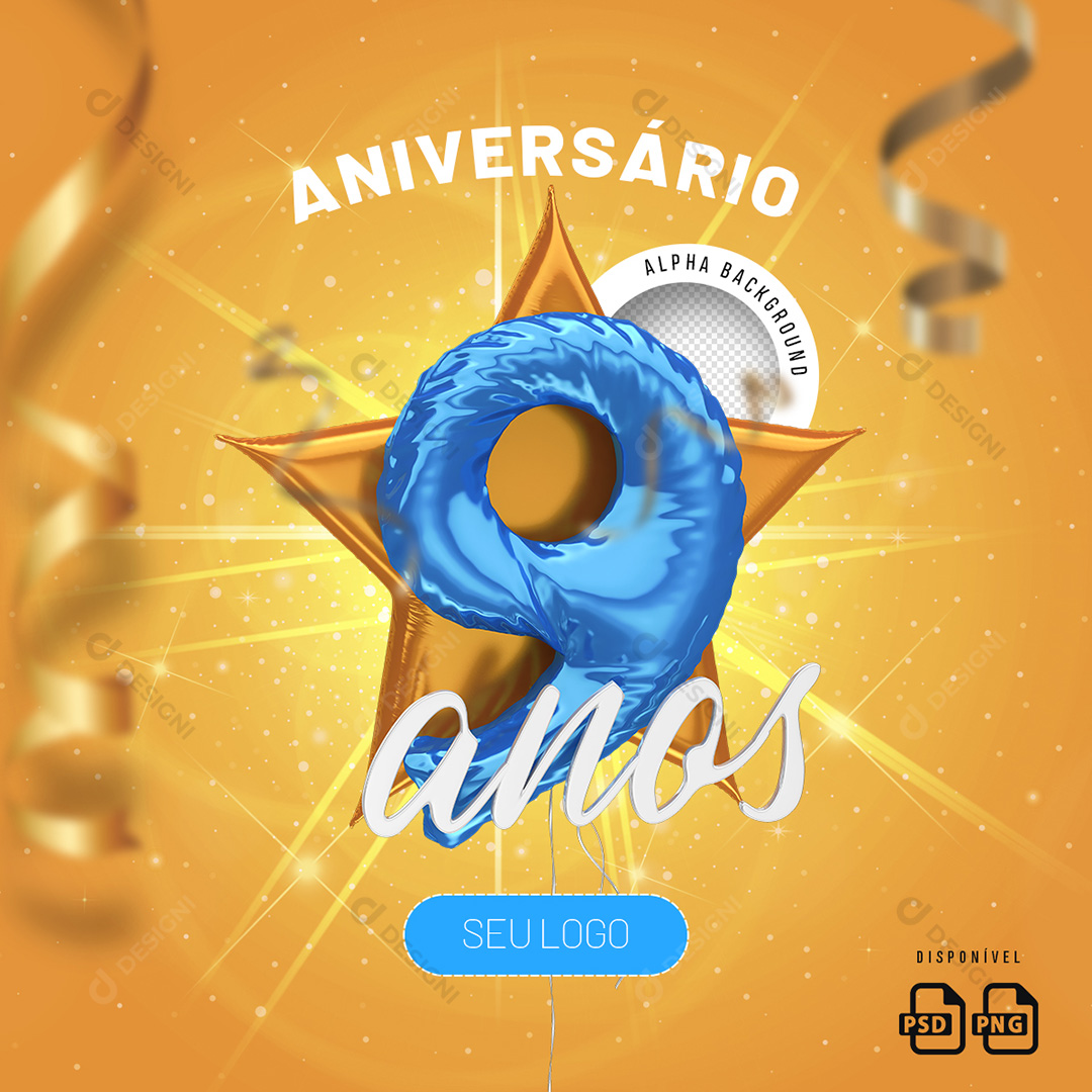 Número 9 Anos Aniversário Elemento 3D Para Composição PSD + PNG Transparente