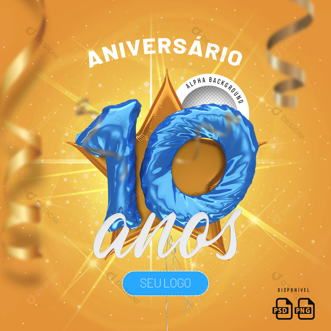 Número 10 Anos Aniversário Elemento 3D Para Composição PSD + PNG Transparente