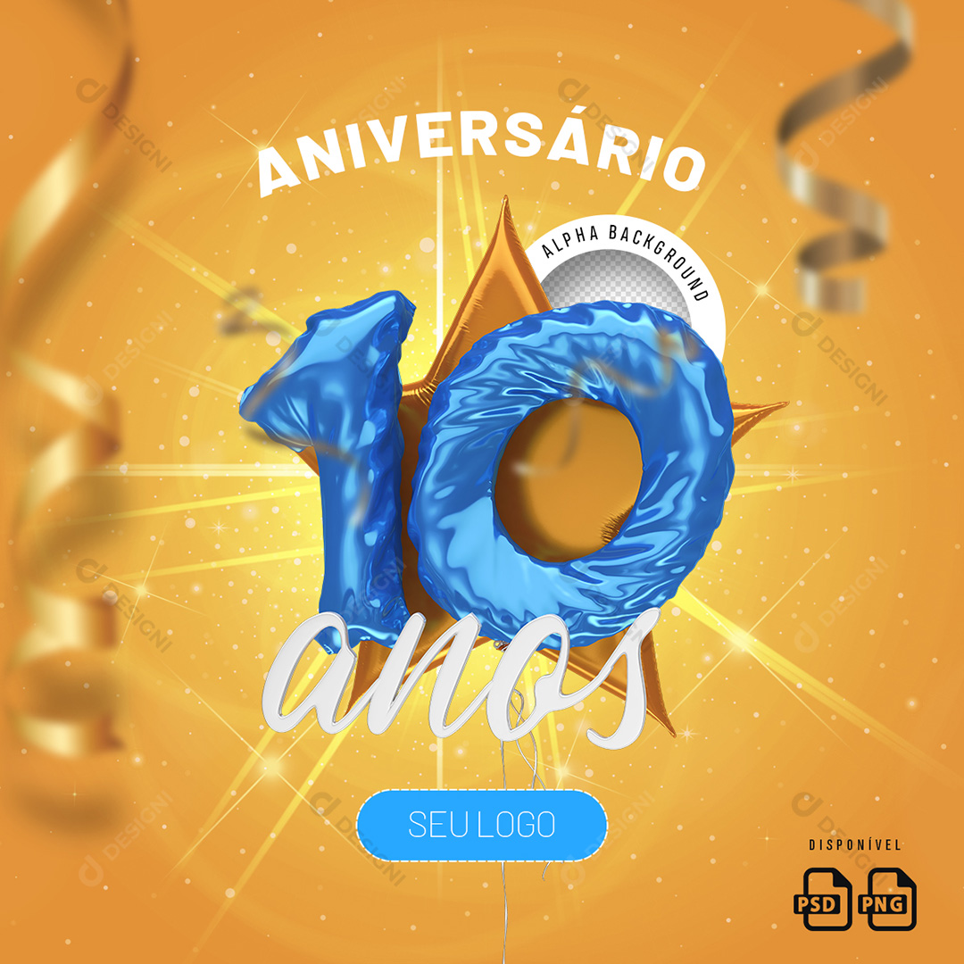 Número 10 Anos Aniversário Elemento 3D Para Composição PSD + PNG Transparente