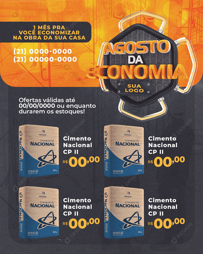 Encarte Agosto da Economia Cimento Nacional CP II Material de Construção Social Media PD Editável