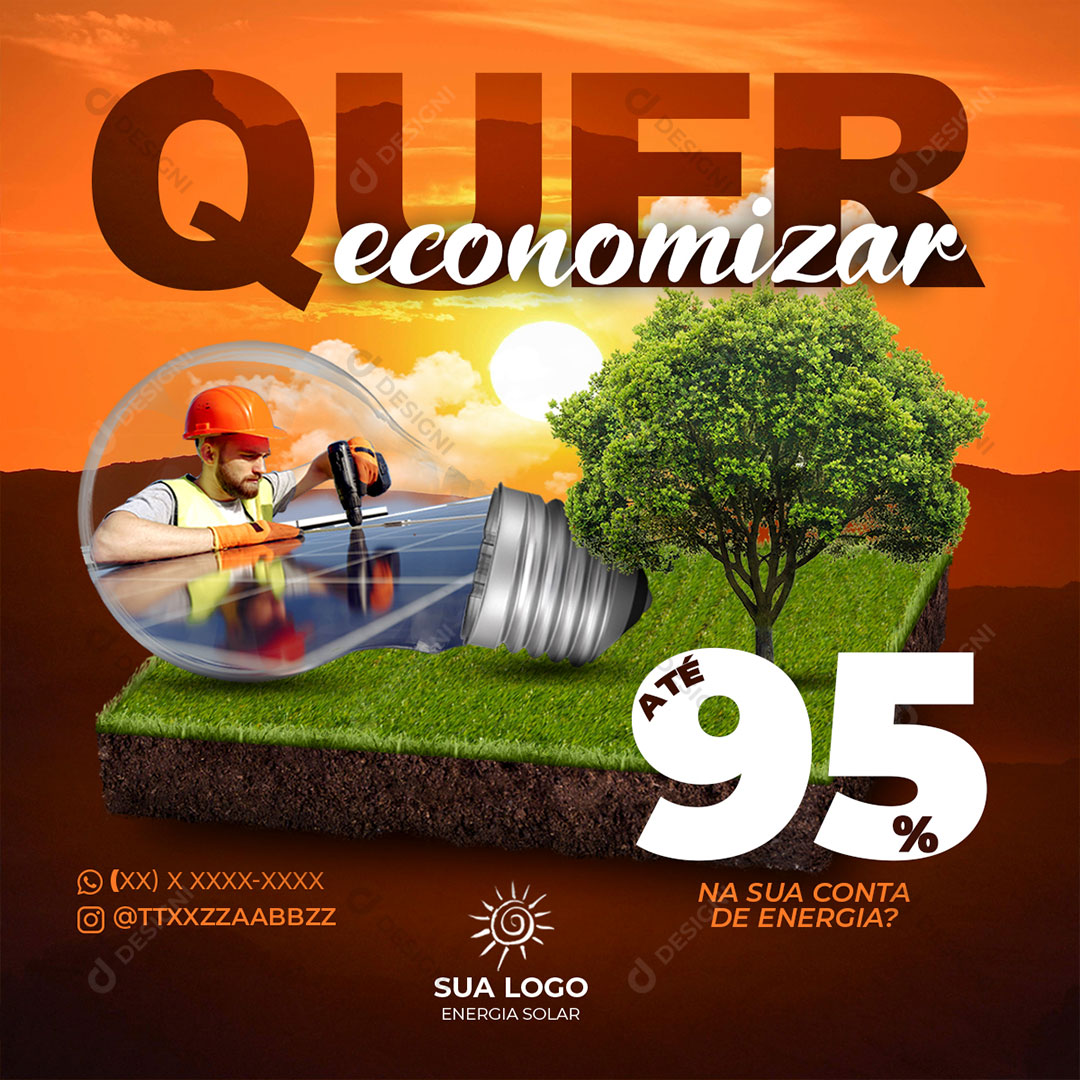 Energia Solar Quer Economizar Social Media Post PSD Editável