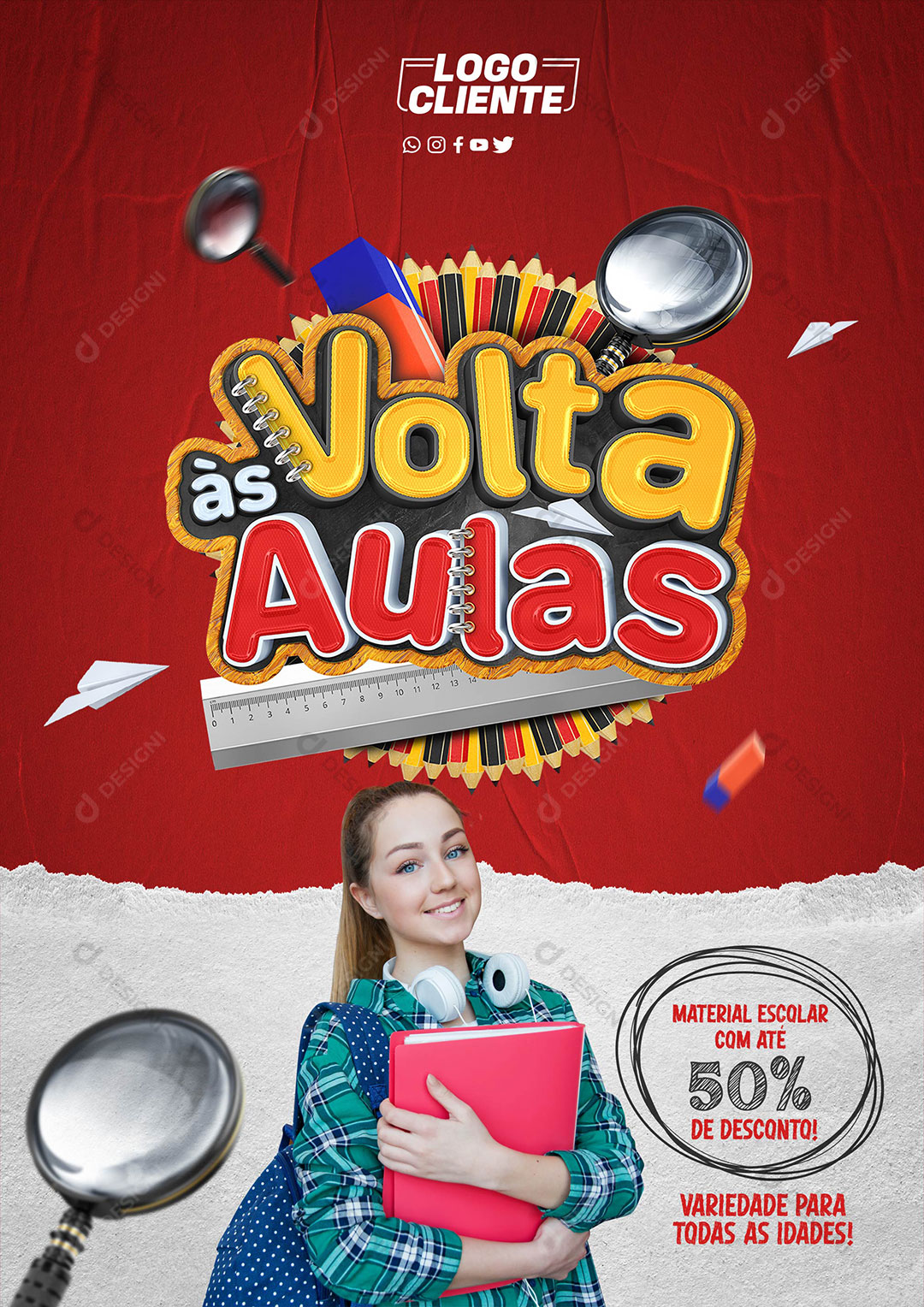 Flyer Volta às Aulas Com Desconto 50% Social Media PSD Editável