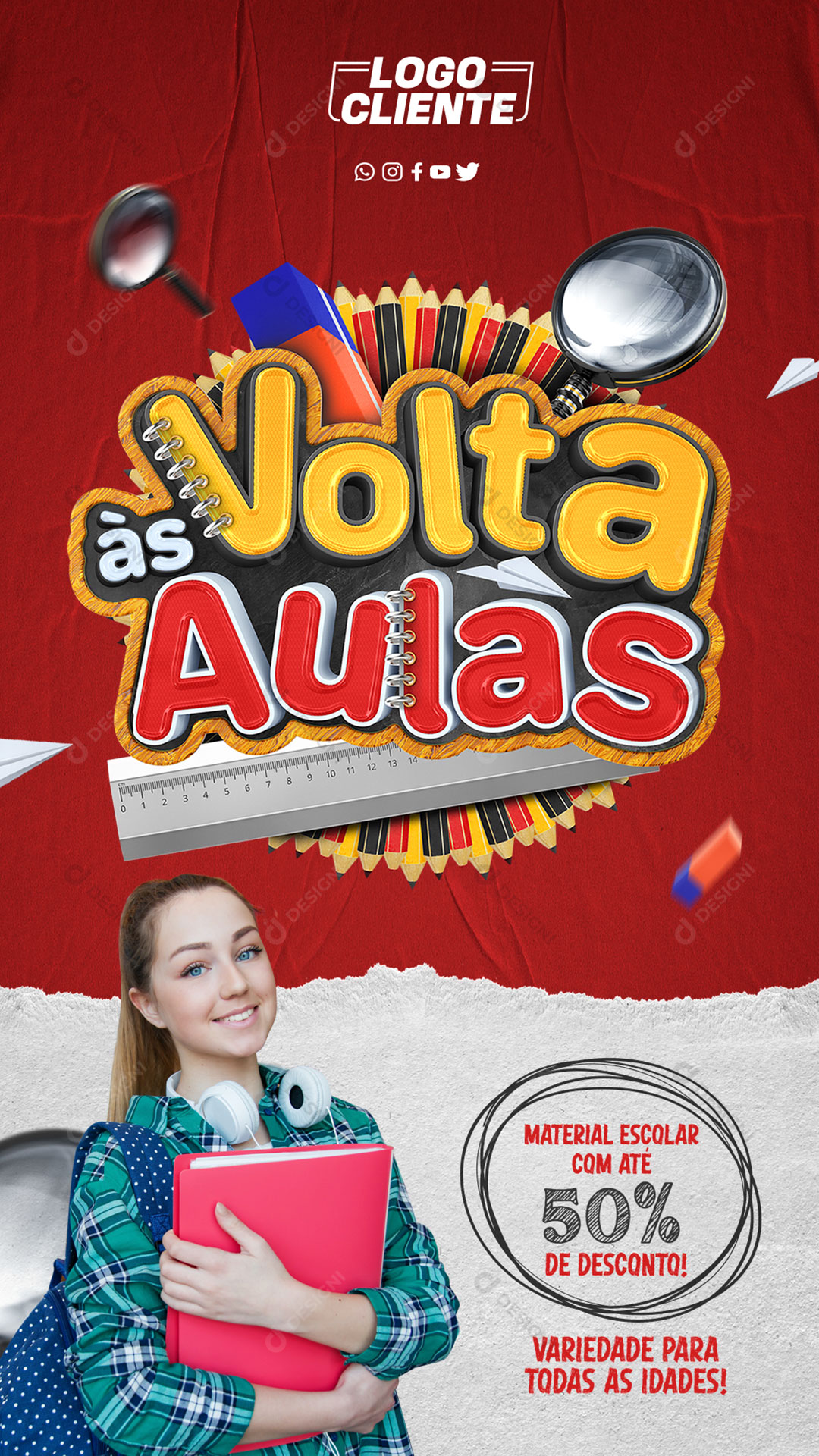 Post para Rede Social Stories Volta às Aulas Com Desconto 50% PSD Editável