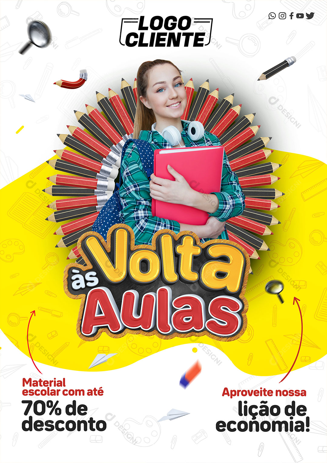 Flyer Volta às Aulas com Desconto 70% Escolas Faculdade Social Media PSD Editável