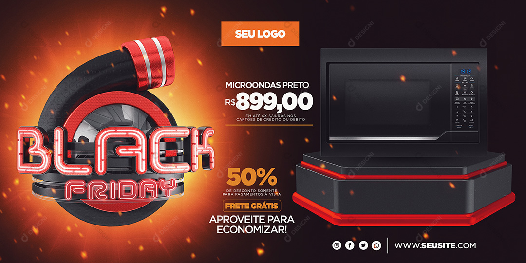 Banner Black Friday Microondas Preto Eletrodomésticos Social Media PSD Editável