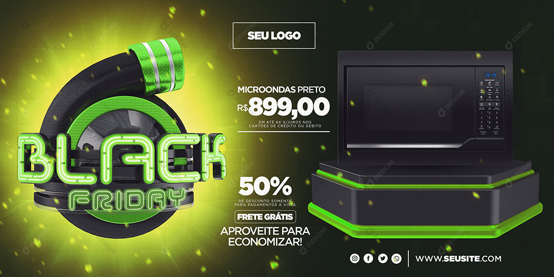 Banner Black Friday Microondas Preto Eletrodomésticos Social Media PSD Editável