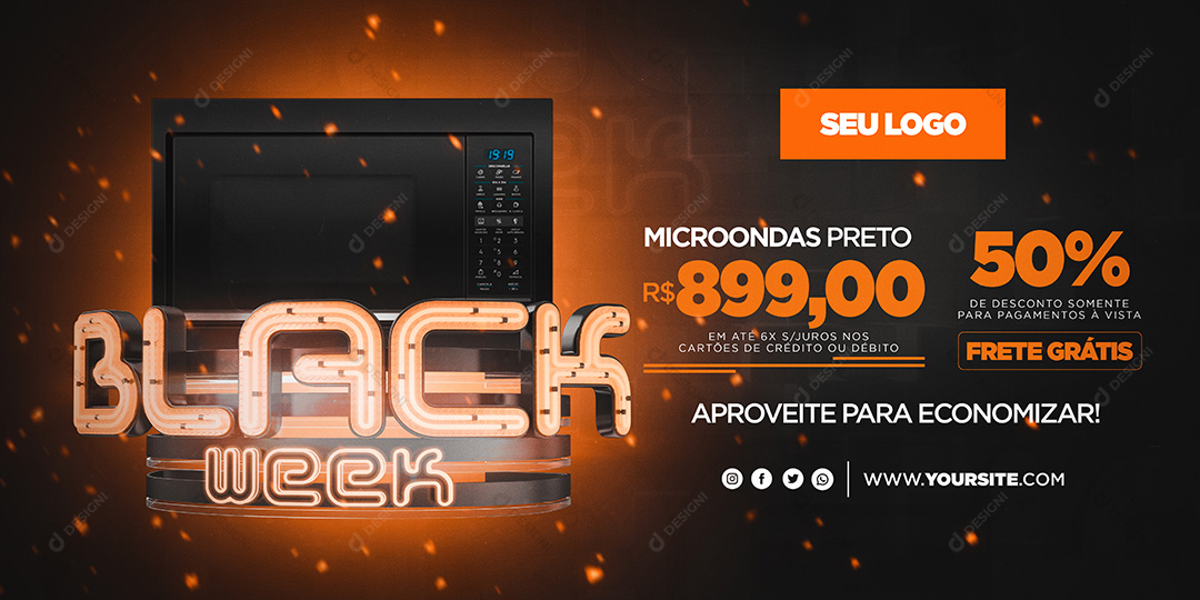 Banner Black Week Microondas Preto Eletrodomésticos Social Media PSD Editável
