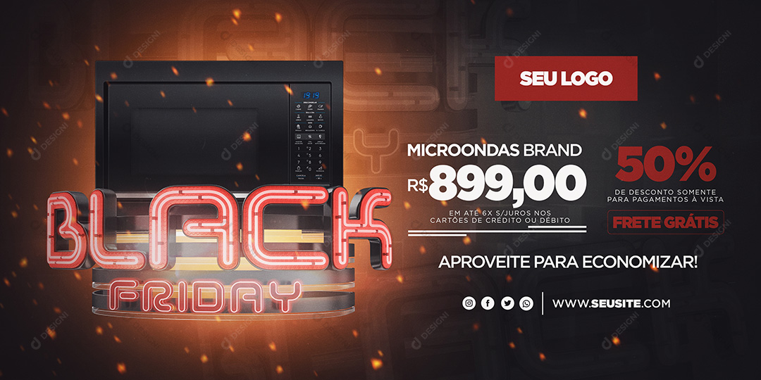 Banner Black Friday Microondas Preto Eletrodomésticos Social Media PSD Editável
