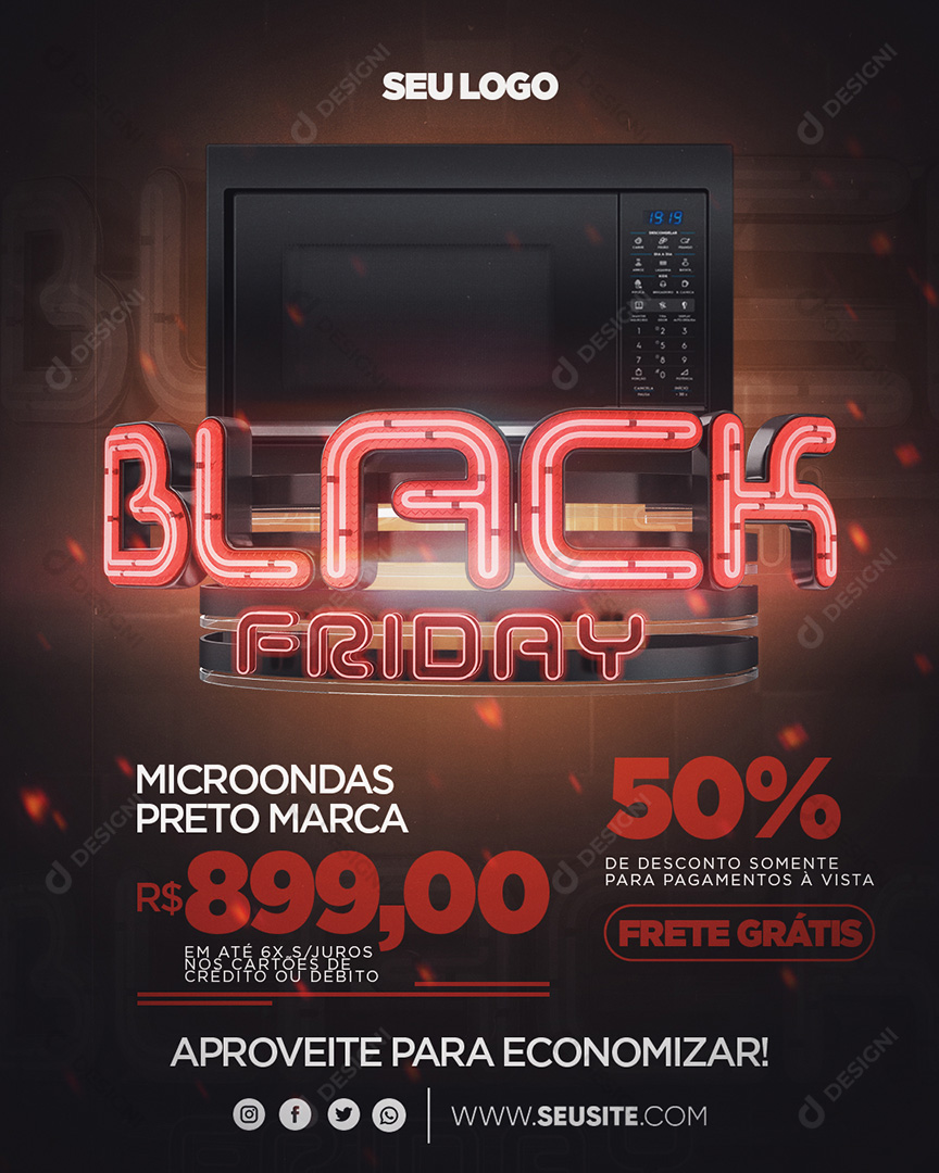 Black Friday Microondas Preto Eletrodomésticos Social Media PSD Editável