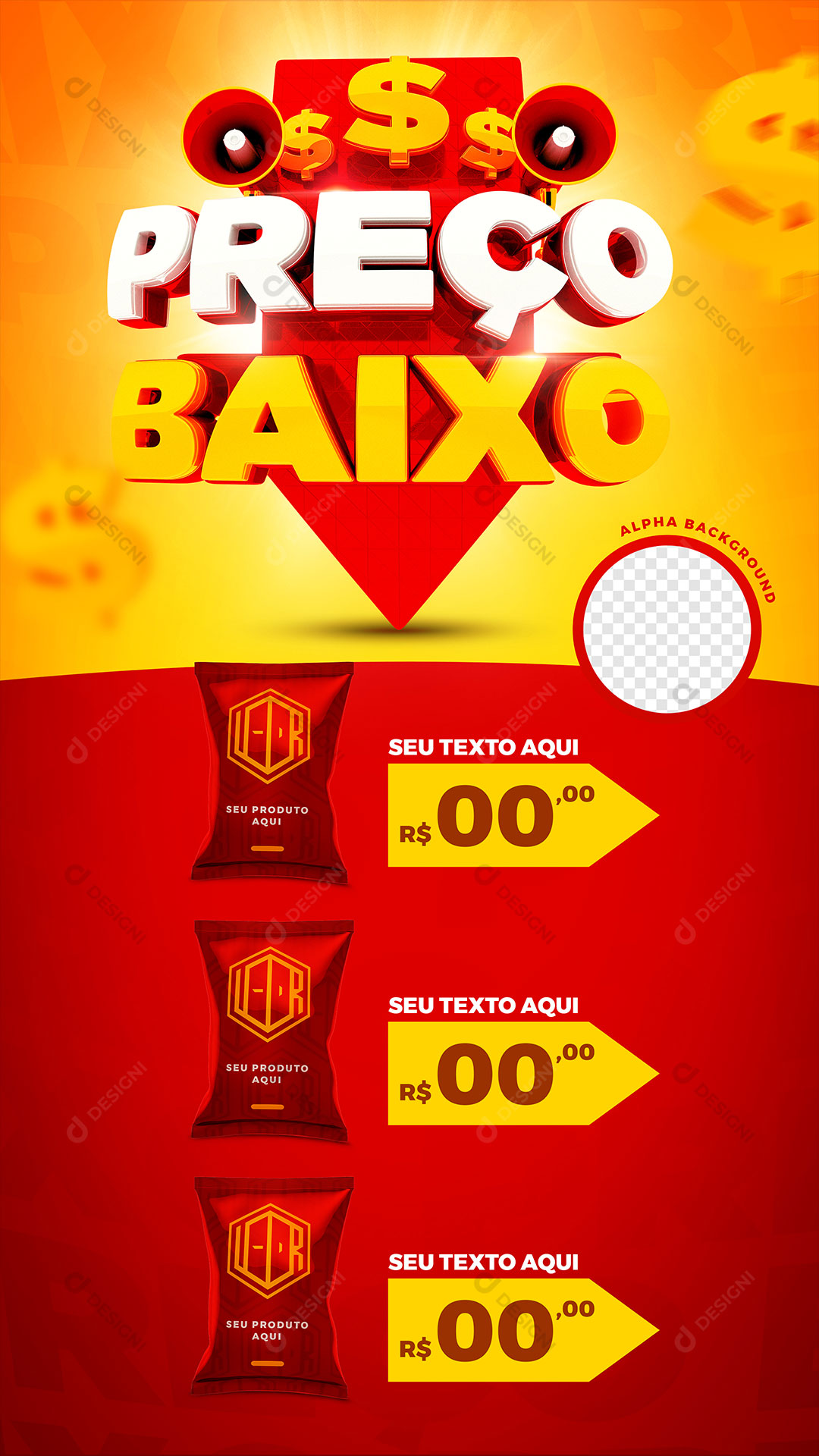 Encarte Supermercado Preço Baixo Produtos Social Media PSD Editável