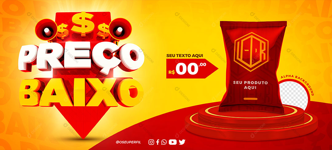 Banner Supermercado Preço Baixo Produto Social Media PSD Editável