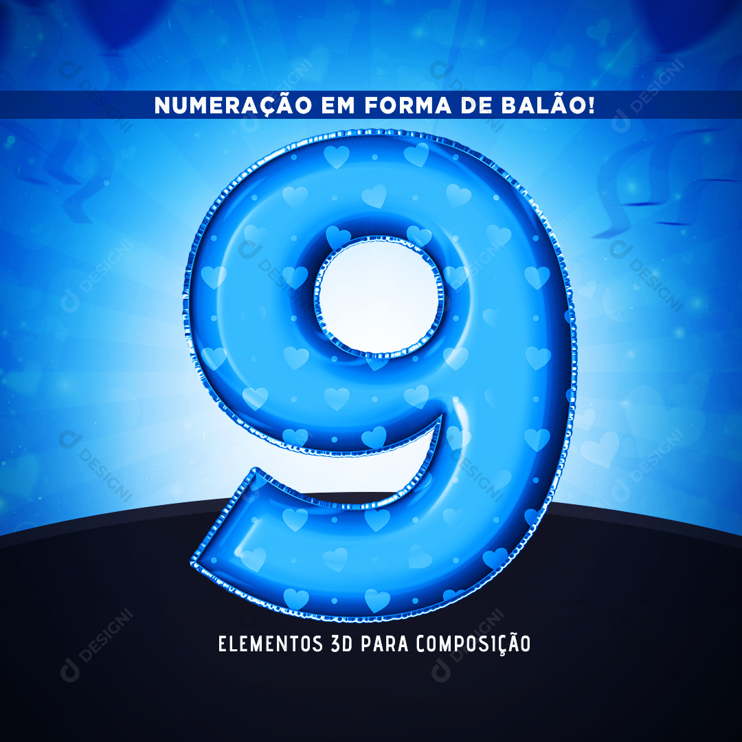 Número 9 3D em Forma de Balão PNG Transparente Sem Fundo