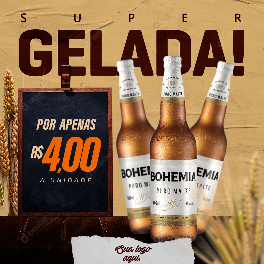 Distribuidora Super Gelada Cerveja Bohemia Social Media PSD Editável