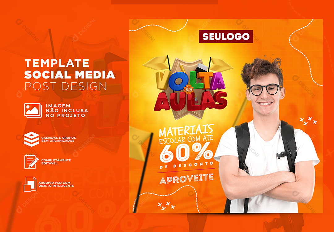 Volta ás Aulas Materiais Escolar Com Desconto Social Media PSD Editável