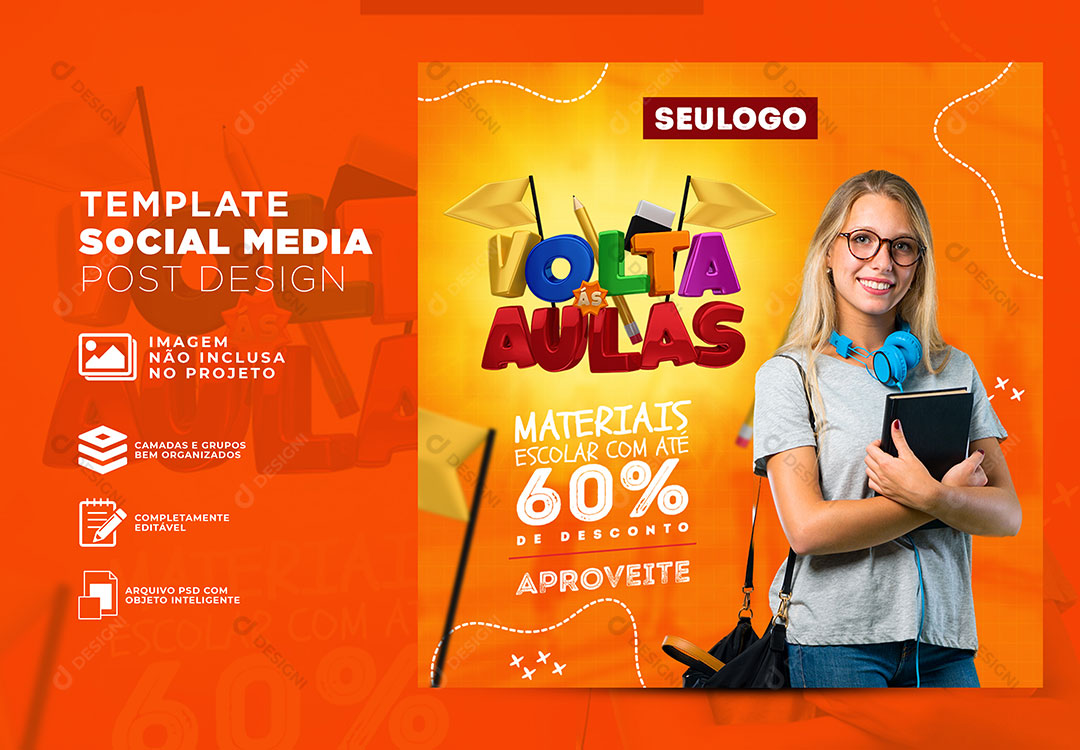 Volta ás Aulas Materiais Escolar Com Desconto Social Media PSD Editável