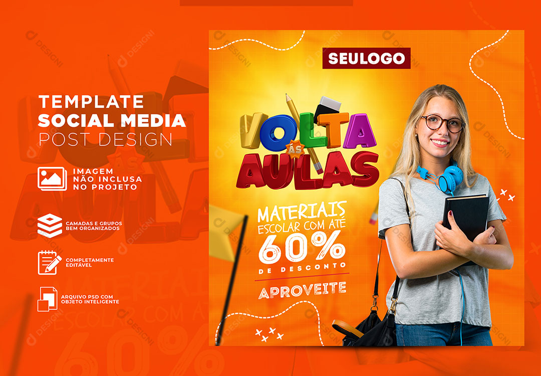 Volta ás Aulas Materiais Escolar Com Desconto Social Media PSD Editável