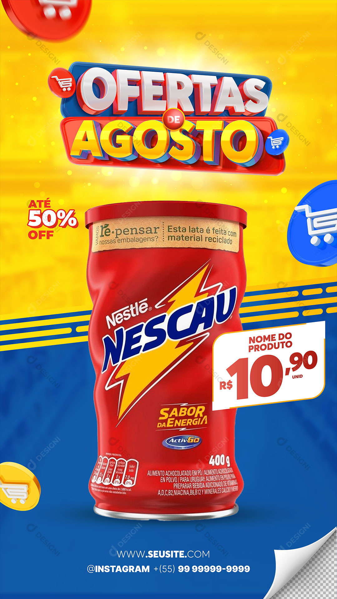 Post Story Social Media Supermercado Ofertas de Agosto Produto PSD Editável