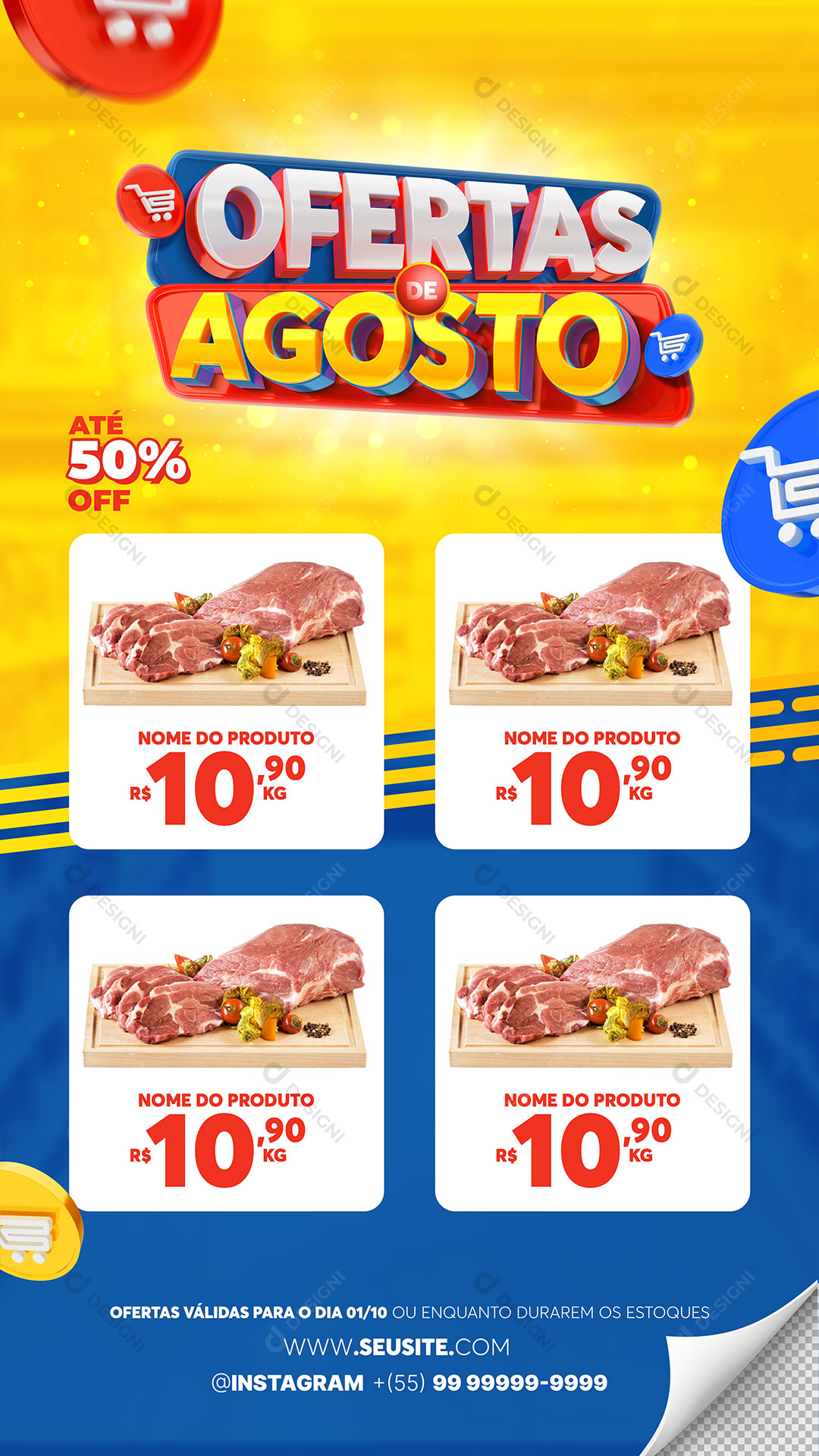 Post Social Media Supermercado Açougue Ofertas de Agosto Produtos PSD Editável