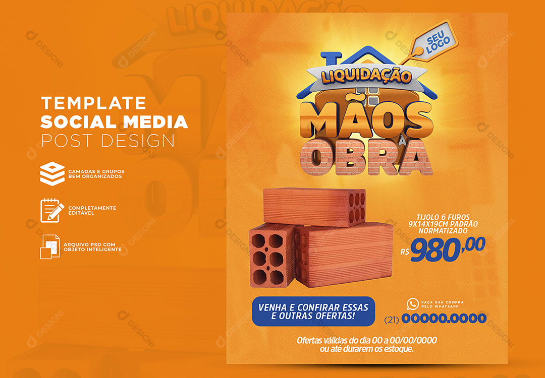 Post Social Media Construtora Liquidação Mãos à Obra Produto Social Media PSD Editável