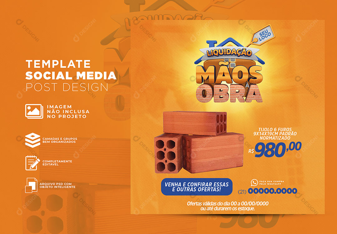 Post Feed Construtora Liquidação Mãos à Obra Produto Social Media PSD Editável