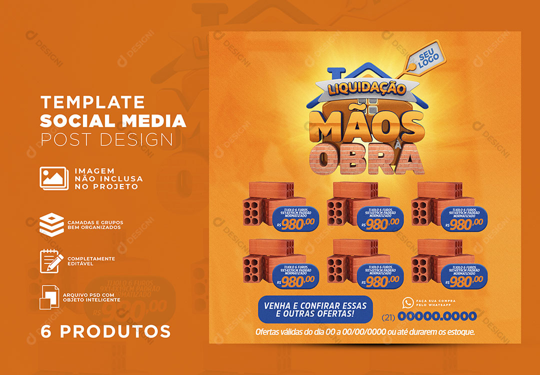 Post Feed Construtora Liquidação Mãos à Obra Produtos Social Media PSD Editável