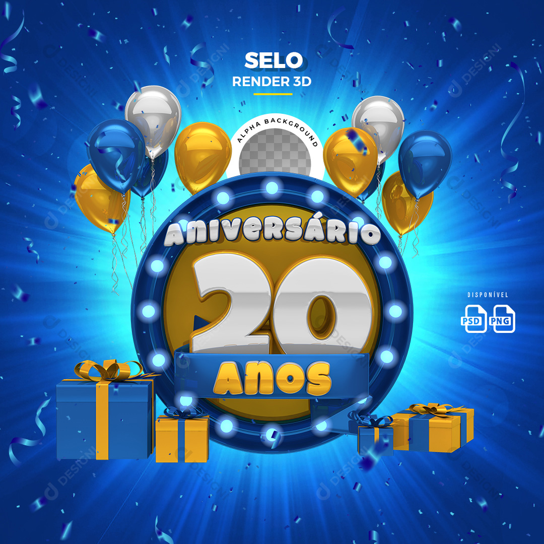 Selo 3D Aniversário 20 Anos PSD + PNG Transparente Sem Fundo
