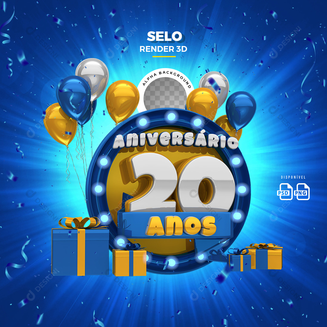 Selo 3D Aniversário 20 Anos PSD + PNG Transparente Sem Fundo