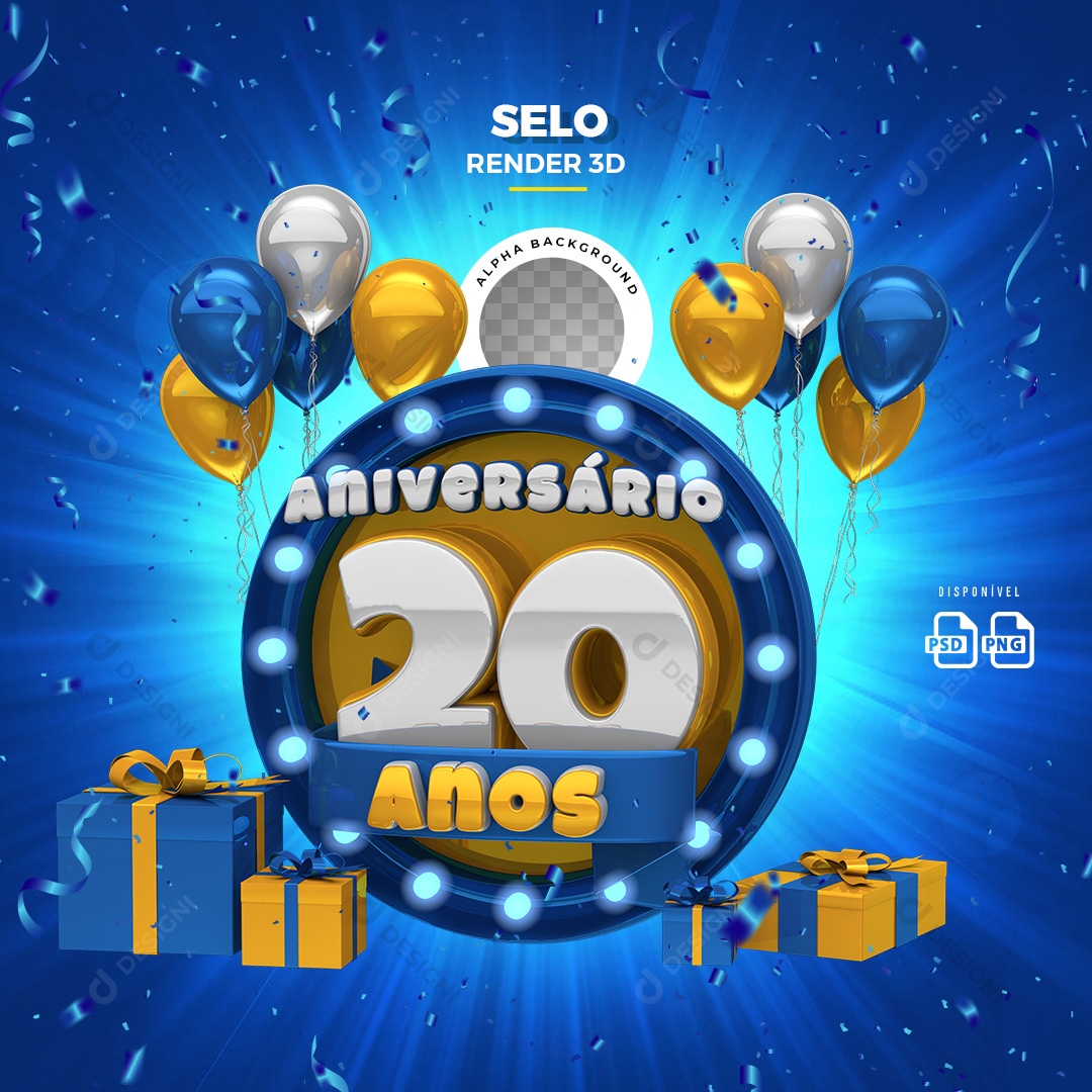 Selo 3D Aniversário 20 Anos PSD + PNG Transparente Sem Fundo