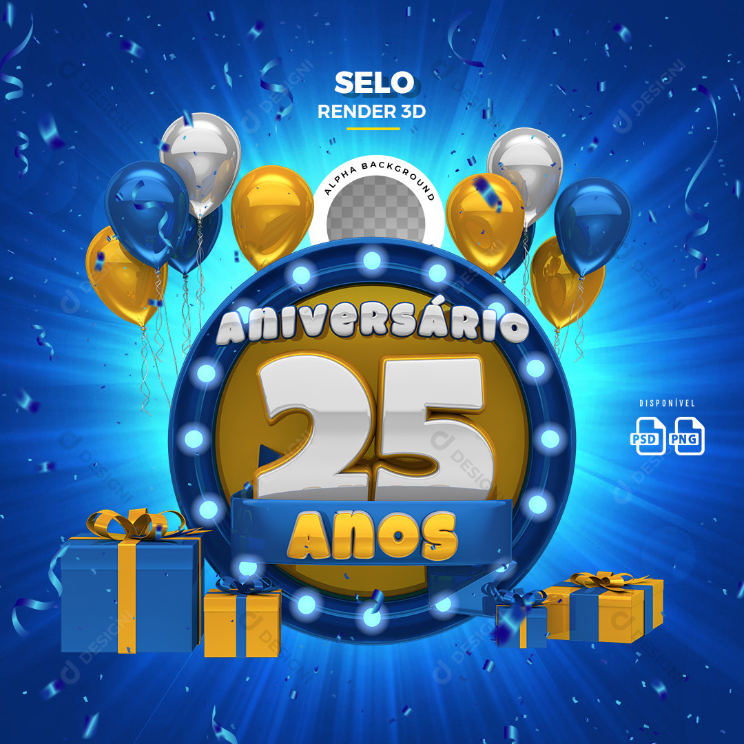Selo 3D Aniversário 25 Anos PSD + PNG Transparente Sem Fundo