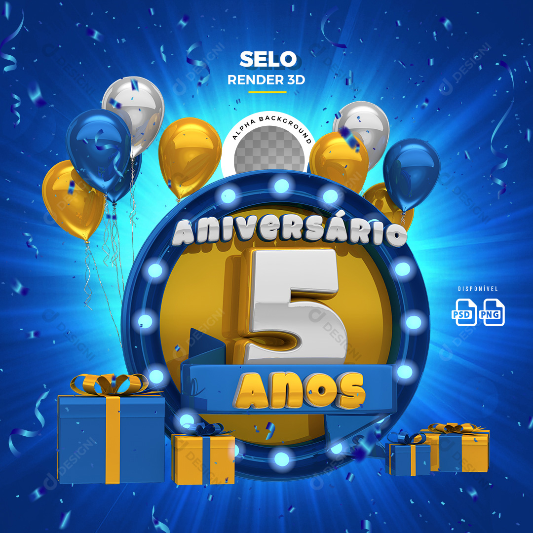 Selo 3D Aniversário 5 Anos PSD + PNG Transparente Sem Fundo