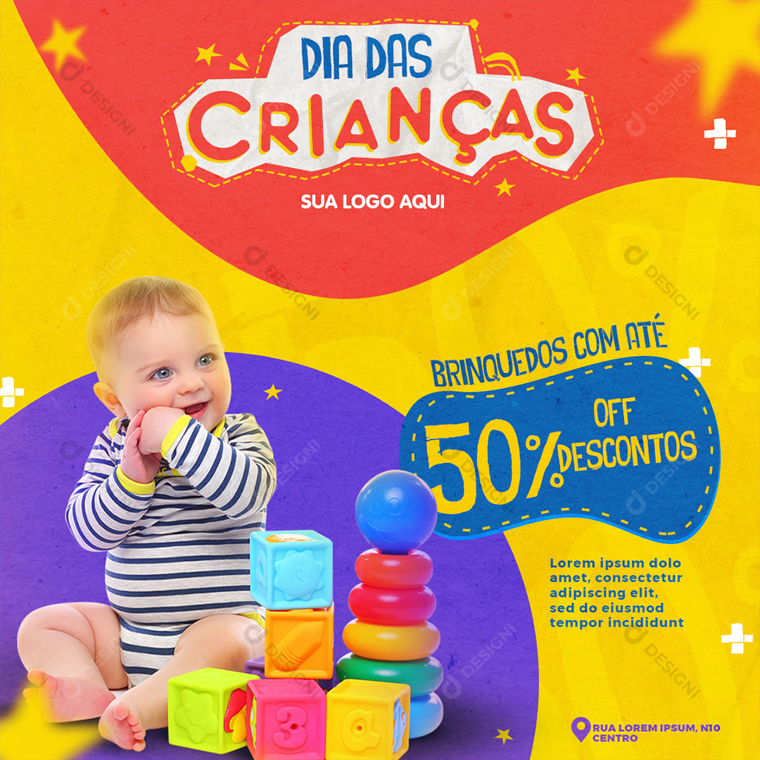 Dia das Crianças Brinquedos Com Até 50% Off de Descontos Social Media PSD Editável
