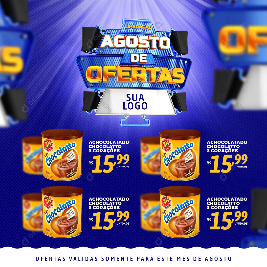 Post Encarte Supermercado Operação Agosto de Ofertas Produtos Social Media PSD Editável