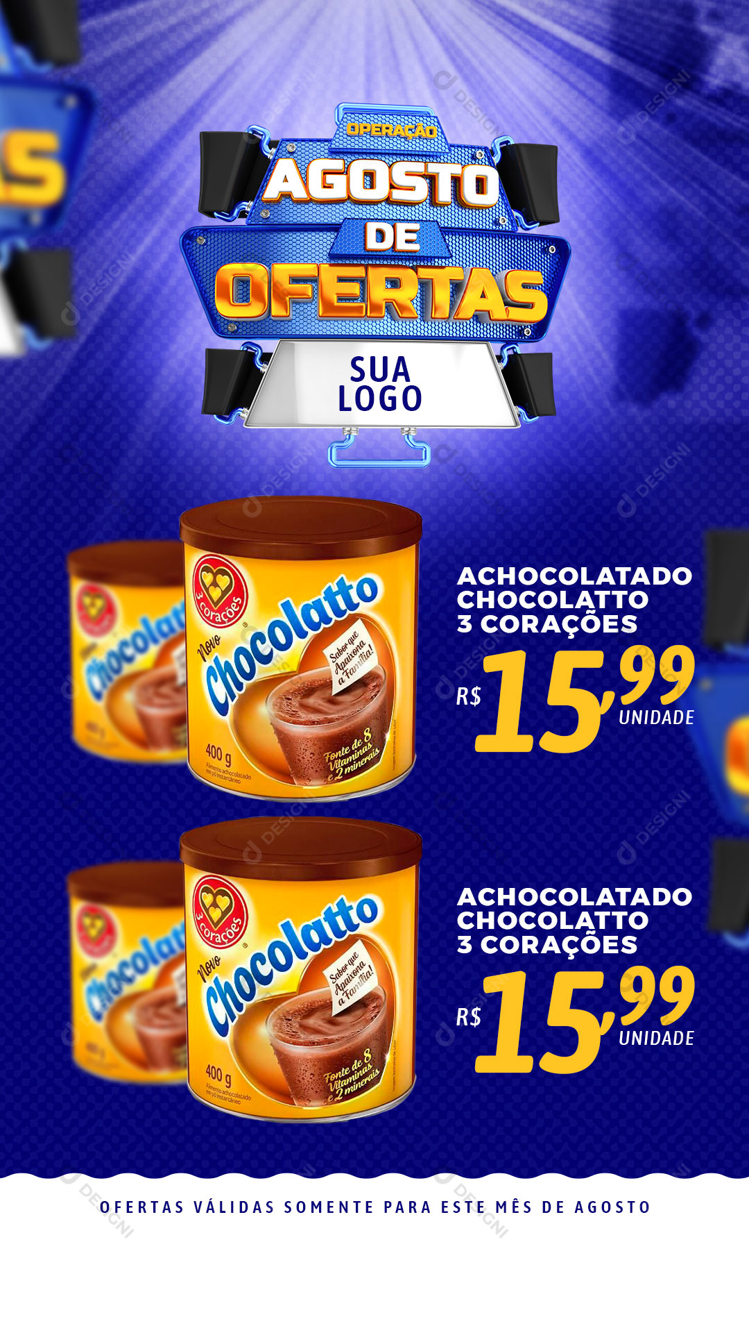 Post Story Supermercado Operação Agosto de Ofertas Produtos Social Media PSD Editável
