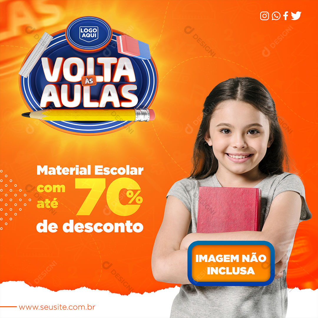 Post Escolar Volta às Aulas Material Com Desconto Social Media PSD Editável