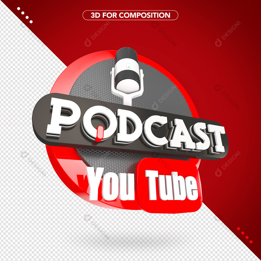 PodCast Youtube Selo 3D Elemento Para Composição PNG Transparente